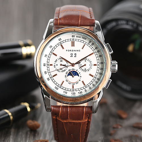 

Men's Dress Watch Automatic self-winding Leather Brown Day Date Analog Elegant Fashion - Brown One Year Battery Life