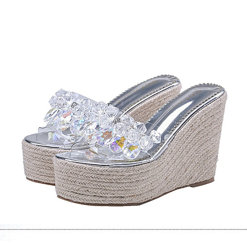 

Women's Loafers & Slip-Ons Wedge Heel Round Toe PU Mid-Calf Boots Summer Silver / Brown