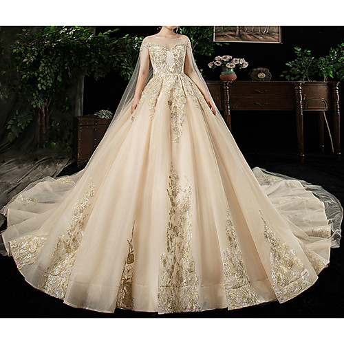 

Ball Gown Off Shoulder Watteau Train Lace / Satin / Tulle Cap Sleeve Formal Wedding Dress in Color / Plus Size Wedding Dresses with Lace / Lace Insert 2020