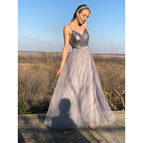 

A-Line Spaghetti Strap Floor Length Tulle Sparkle / Grey Prom / Party Wear Dress with Sequin 2020