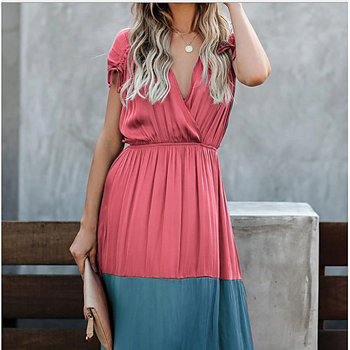 

Women's Maxi Blushing Pink Light Blue Dress Sheath Color Block V Neck S M