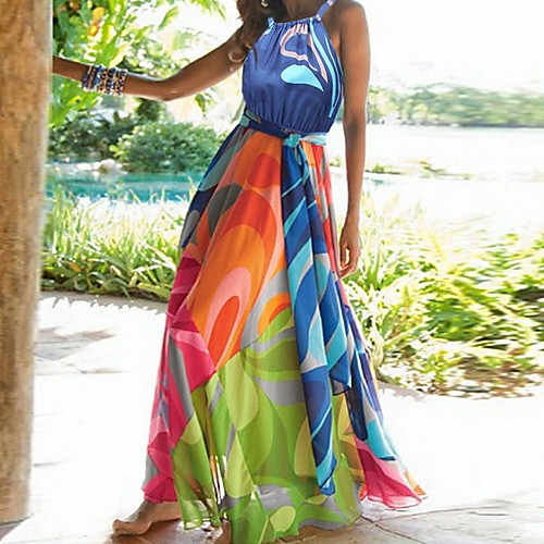 

Women's Maxi Blue Dress Swing Print Halter Neck S M