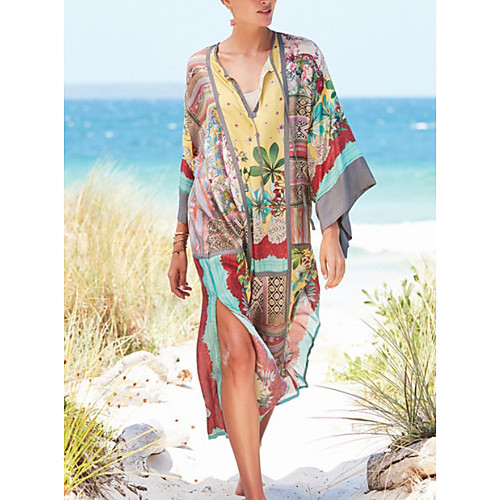 

Women's Maxi Yellow Dress Loose Print V Neck S M Loose