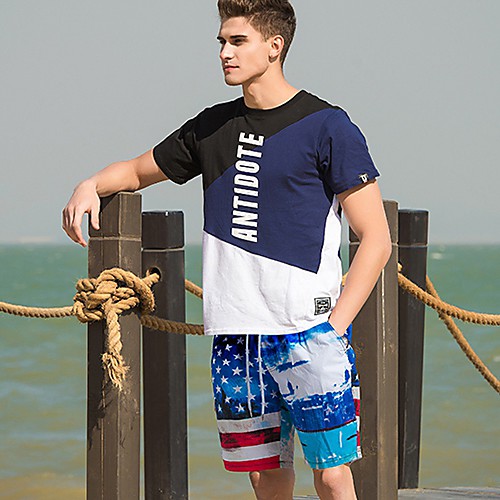 

Men's Sporty Basic Blue Gray Swim Trunk Beach board shorts Swimwear Swimsuit - Striped Color Block Lace up Print L XL XXL Blue