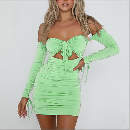 

Women's Blushing Pink Green Dress Bodycon Solid Color Strapless S M Slim