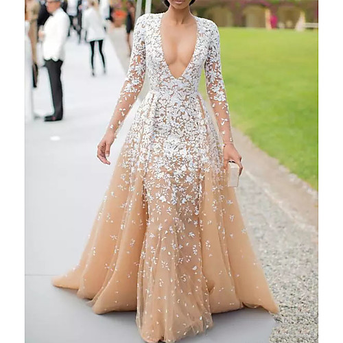 

A-Line V Neck Court Train Polyester Floral / Pink Engagement / Formal Evening Dress with Overskirt / Appliques 2020