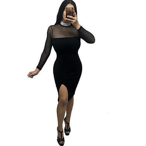

Women's Wine Black Dress Sheath Solid Color Crew Neck S M Slim