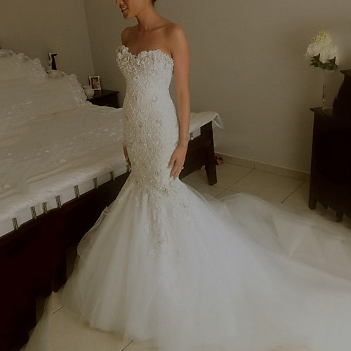 

Mermaid / Trumpet Strapless Sweep / Brush Train Lace Sleeveless Formal Wedding Dresses with Appliques 2020