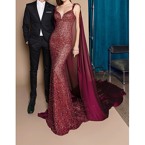 

Mermaid / Trumpet Sweetheart Neckline Court Train Polyester Sexy / Red Engagement / Formal Evening Dress with Sequin / Draping 2020