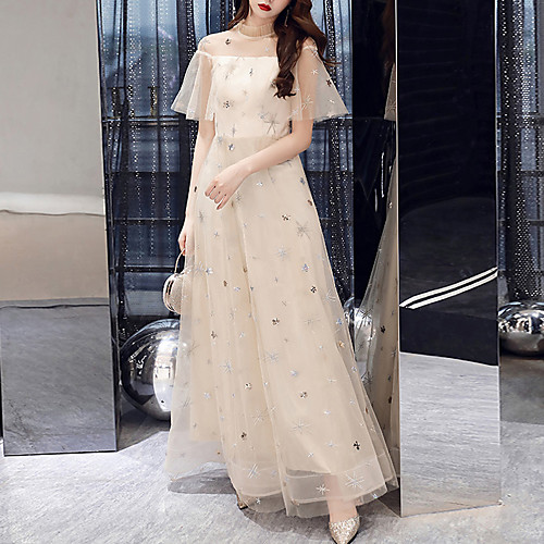 

A-Line Illusion Neck Floor Length Tulle Glittering / White Prom / Formal Evening Dress with Sequin 2020
