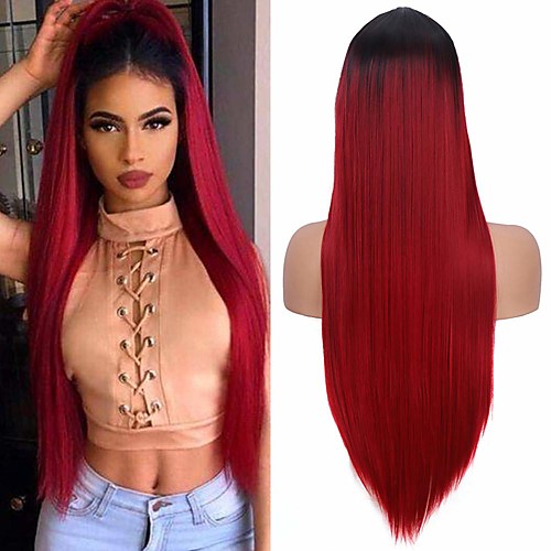 

Synthetic Wig kinky Straight Halloween Asymmetrical Wig Long Ombre Burgundy Synthetic Hair 28 inch Women's Best Quality Burgundy