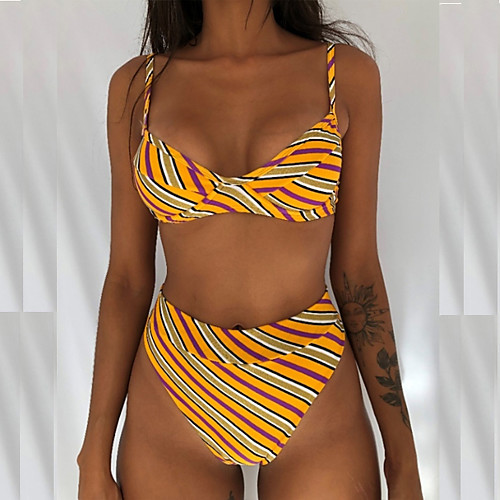 

Women's Basic White Yellow Blue Halter High Waist Tankini Swimwear Swimsuit - Tropical S M L White
