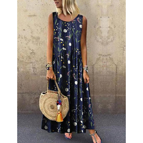 

Women's Maxi Yellow Green Dress Shift Floral U Neck S M Loose