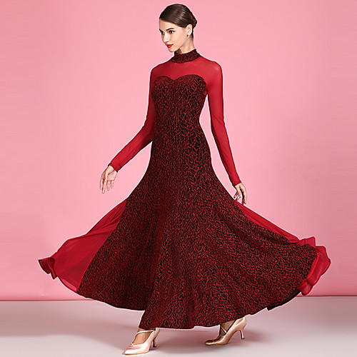 

Ballroom Dance Dresses Women's Performance Stretch Yarn / Tulle Pattern / Print / Split Joint Long Sleeve High Dress