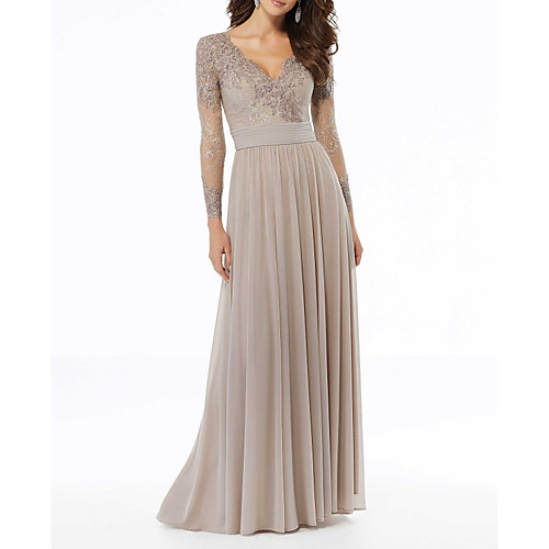 

A-Line V Neck Floor Length Chiffon Elegant / Grey Wedding Guest / Formal Evening Dress with Pleats / Beading / Appliques 2020