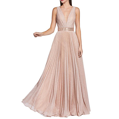 

A-Line V Neck Floor Length Sequined Sparkle / Pink Wedding Guest / Prom Dress with Sash / Ribbon / Pleats / Sequin 2020