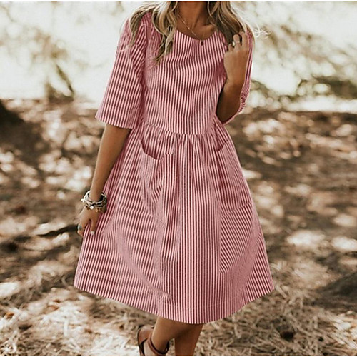 

Women's Red Black Dress Shift Striped S M Loose
