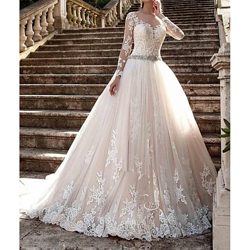 

A-Line Jewel Neck Sweep / Brush Train Polyester Long Sleeve Country Plus Size Wedding Dresses with Lace Insert / Appliques 2020 / Illusion Sleeve