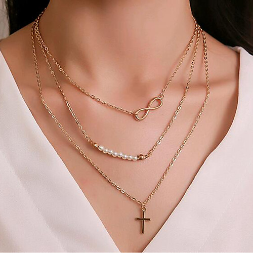

Women's Layered Necklace Double Layered Cross Imitation Pearl Chrome Gold 43 cm Necklace Jewelry 1pc For Festival