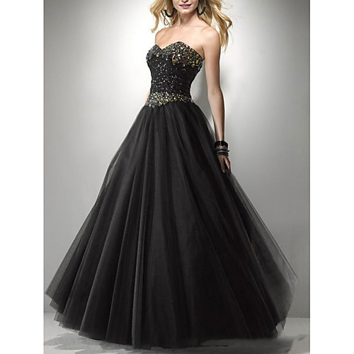 

A-Line Strapless Floor Length Tulle Sleeveless Formal Black Wedding Dresses with Beading 2020