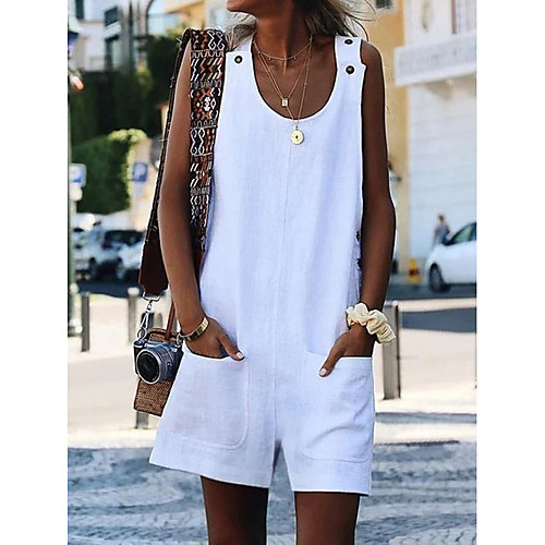 

Women's Casual / Beach Basic U Neck Black White Yellow Wide Leg Jumpsuit Onesie, Solid Colored Button / Pocket S M L Summer