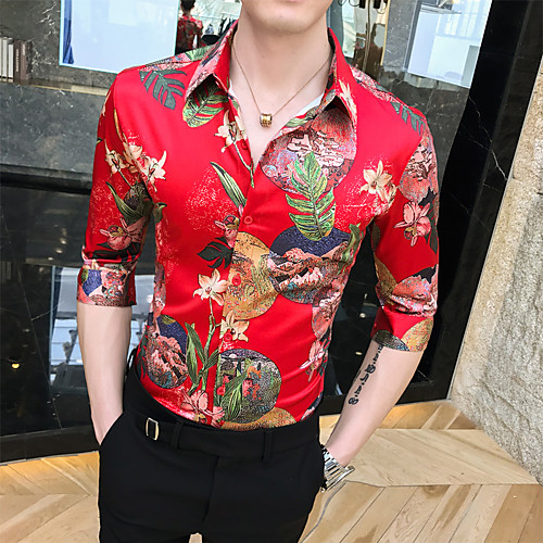 

Men's Going out Club Tropical Shirt - Floral Tropical Leaf / Crane / Pineapple, Print Red