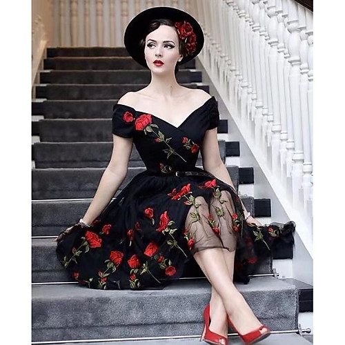 

Women's Black Dress A Line Floral Off Shoulder S M