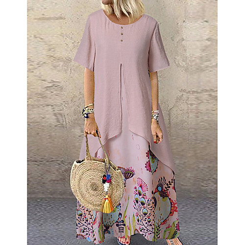 

Women's Maxi Blushing Pink Green Dress Swing Geometric M L Loose