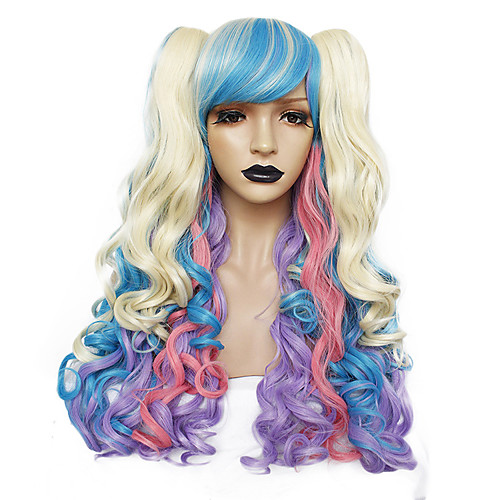 

Little Pony Unicorn Cosplay Wigs Women's With 2 Ponytails 24 inch Heat Resistant Fiber Curly Multi-color Blue Anime