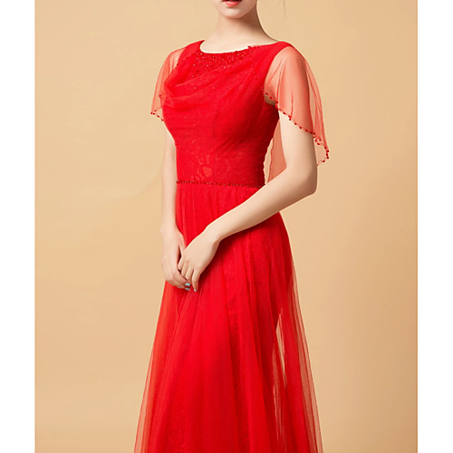 

A-Line Jewel Neck Floor Length Tulle Elegant / Red Engagement / Formal Evening Dress with Beading / Appliques 2020