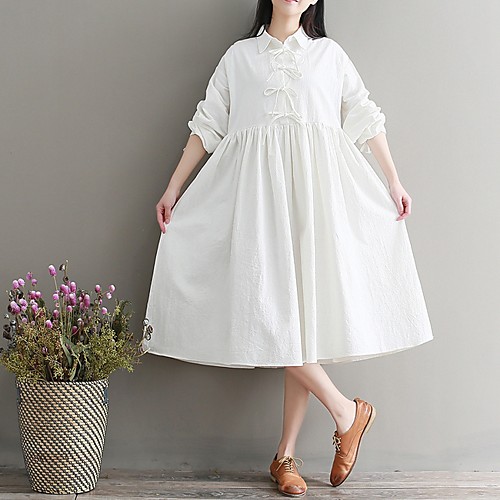 

Women's White Dress Loose Solid Color Shirt Collar M L Loose