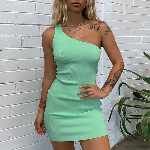 

Women's Mini Blushing Pink Green Dress Bodycon Solid Color One Shoulder S M Slim