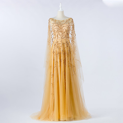 

A-Line Boat Neck Court Train Tulle Luxurious / Gold Engagement / Formal Evening Dress with Beading 2020