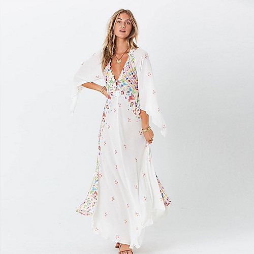 

Women's Maxi White Black Dress Loose Print Deep V S M