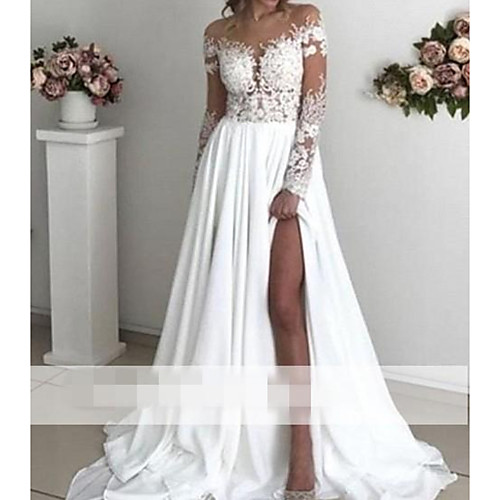 

A-Line Off Shoulder Sweep / Brush Train Polyester Long Sleeve Country Plus Size Wedding Dresses with Appliques / Split Front 2020