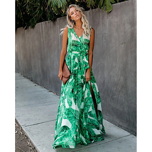 

Women's Maxi Green Dress Swing Floral V Neck S M