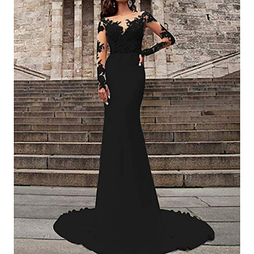 

Mermaid / Trumpet V Neck Sweep / Brush Train Polyester Long Sleeve Formal Plus Size / Black / Modern Wedding Dresses with Ruffles / Draping 2020