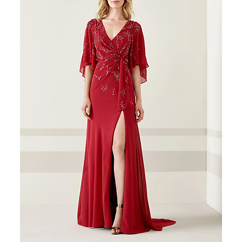 

A-Line V Neck Sweep / Brush Train Chiffon Sexy / Red Wedding Guest / Formal Evening Dress with Beading / Draping / Split 2020