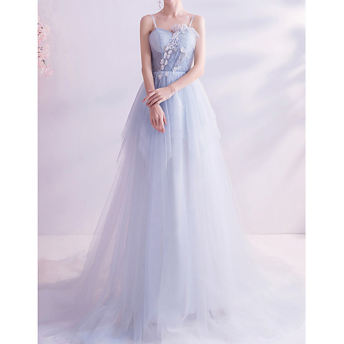 

A-Line V Neck Floor Length Lace / Tulle Bridesmaid Dress with Appliques