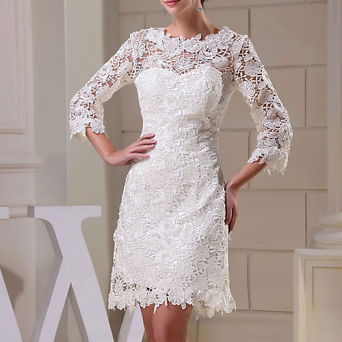 

Sheath / Column Jewel Neck Knee Length Lace Long Sleeve Formal Little White Dress Wedding Dresses with Appliques 2020