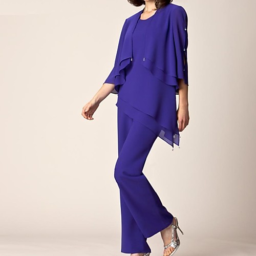 

Pantsuit / Jumpsuit Jewel Neck Floor Length Chiffon 3/4 Length Sleeve Elegant Mother of the Bride Dress with Beading Mother's Day 2020
