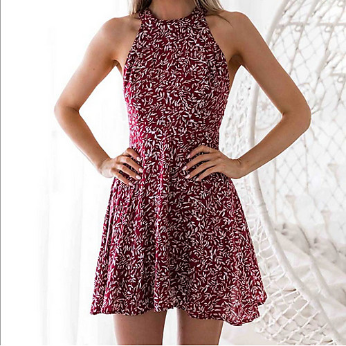 

Women's Wine Dress Sheath Polka Dot Halter Neck S M