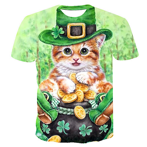 

Men's Daily Going out Basic T-shirt - 3D / Animal Cat, Print Light Green