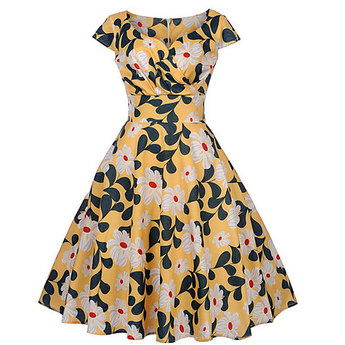 

Women's Yellow Dress A Line Floral V Neck S M