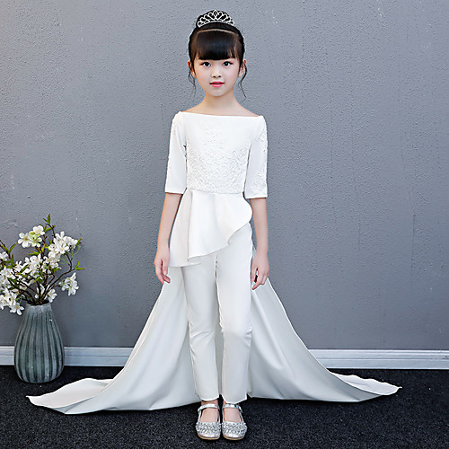 

Pantsuit / Jumpsuit Chapel Train Wedding / Party Pageant Dresses - Polyester / Cotton Blend Half Sleeve Bateau Neck with Lace