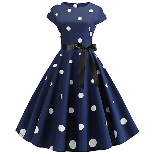

Women's Red Blue Dress Vintage A Line Polka Dot Pleated S M