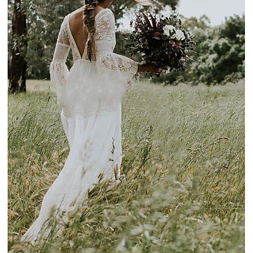 

A-Line V Neck Floor Length Polyester / Lace Long Sleeve Casual / Boho Plus Size Wedding Dresses with Draping / Appliques 2020