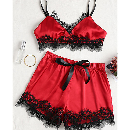 

Women's Lace Suits Nightwear Color Block Blushing Pink Red Blue S M L