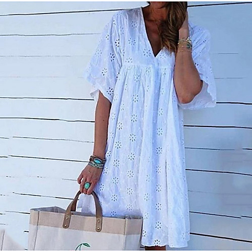 

Women's White Dress Shift Solid Color V Neck S M Loose
