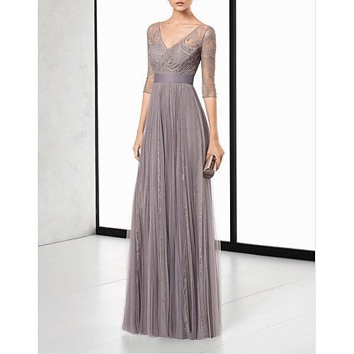 

Sheath / Column V Neck Floor Length Chiffon Elegant / Grey Wedding Guest / Formal Evening Dress with Pleats / Lace Insert 2020